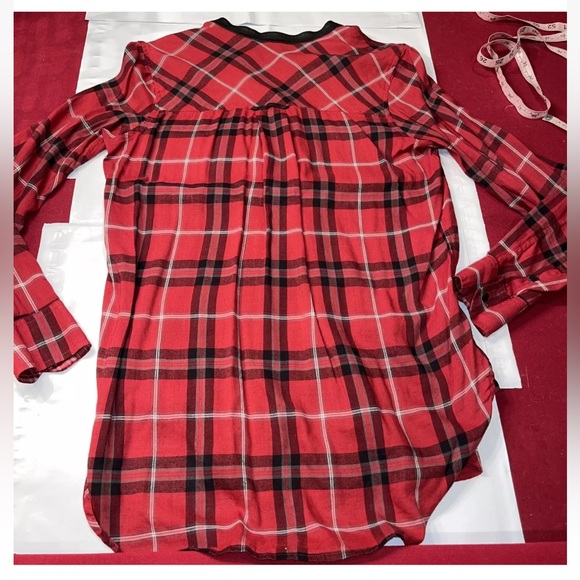 VINCE RED BLACK Plaid long tunic Shirt Leather Band Collar Button Up, Pockets, M - Picture 7 of 10